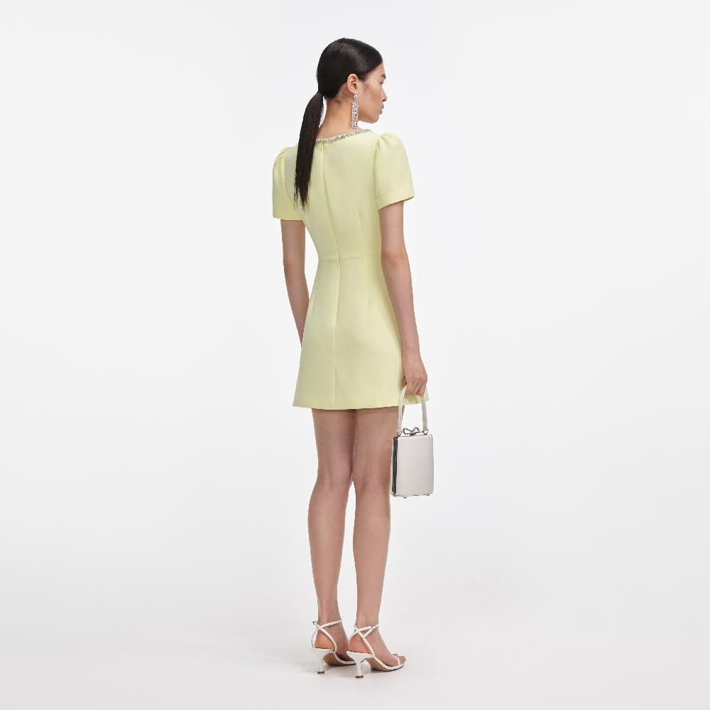 Self Portrait Yellow Crepe Crystal Trim Mini Dress CLOTHING