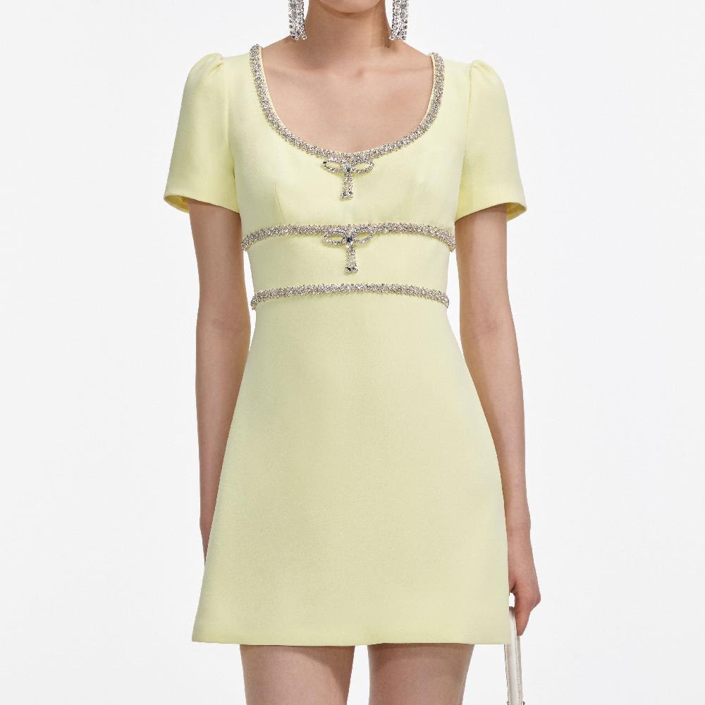 Self Portrait Yellow Crepe Crystal Trim Mini Dress CLOTHING
