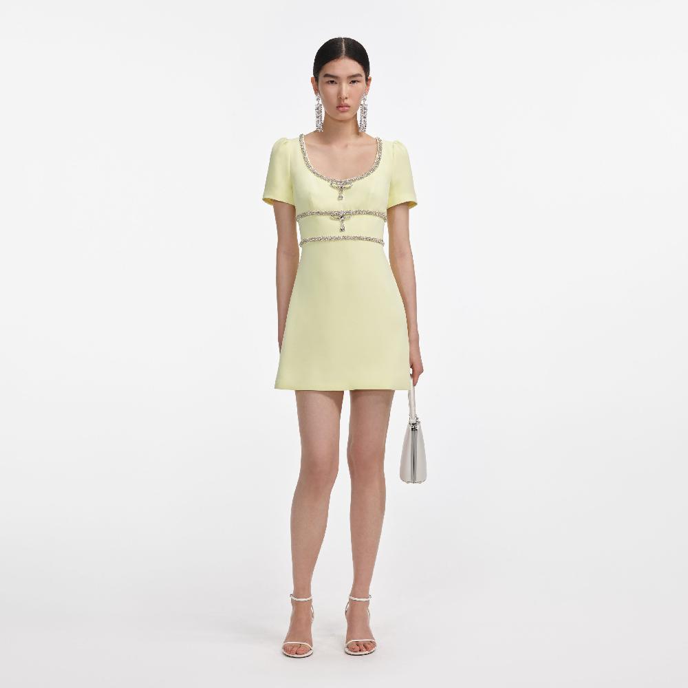 self portrait Yellow Crepe Crystal Trim Mini Dress CLOTHING