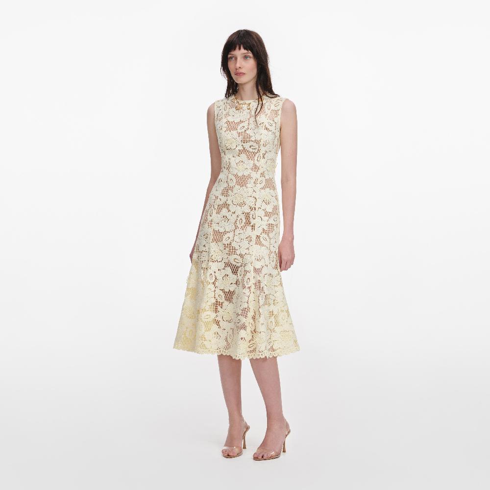 Self Portrait Yellow Crochet Lace Midi Dress CLOTHING