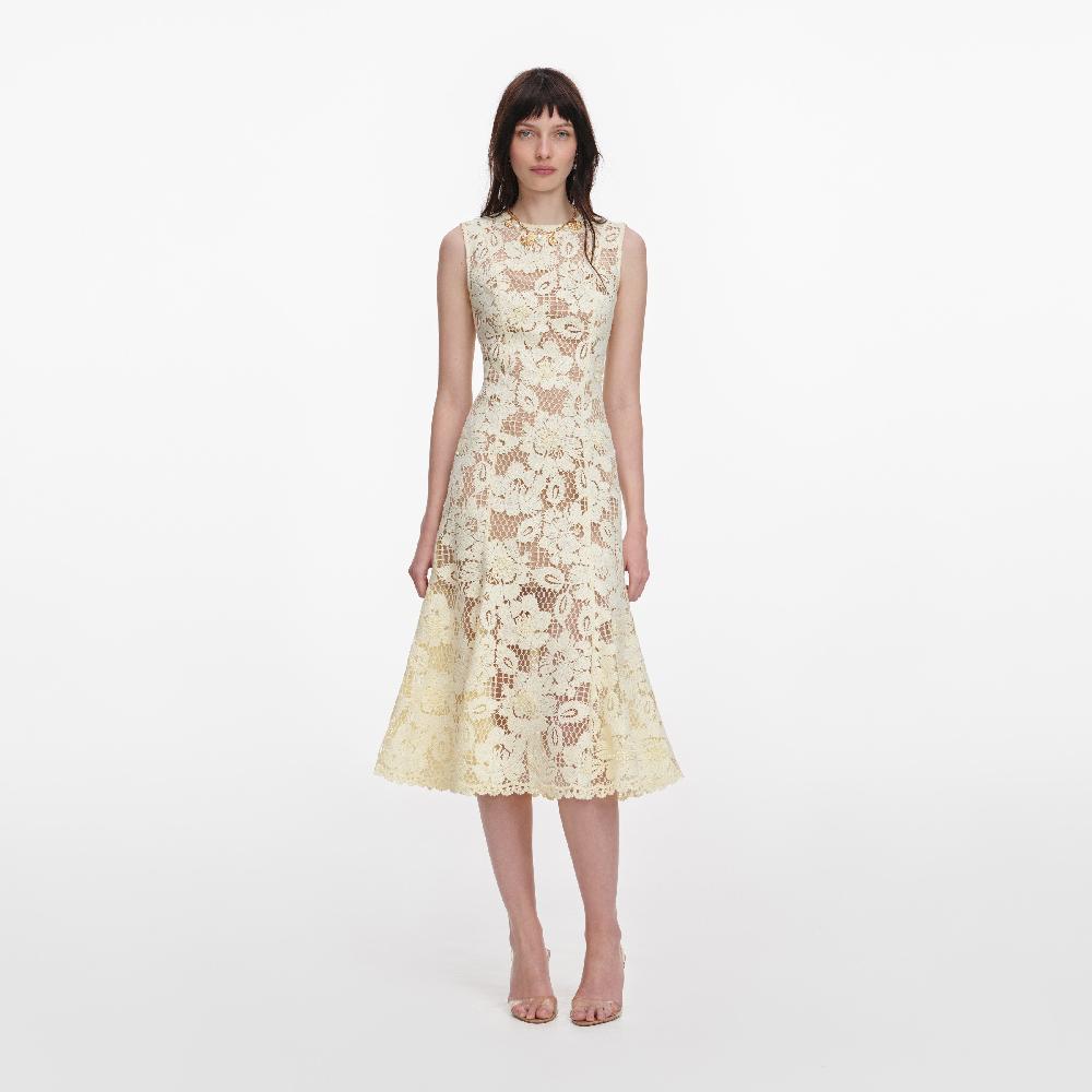 self portrait Yellow Crochet Lace Midi Dress CLOTHING