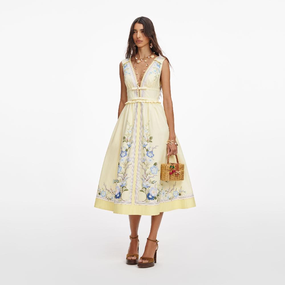Self Portrait Yellow Floral Cotton Midi Dress CLOTHING