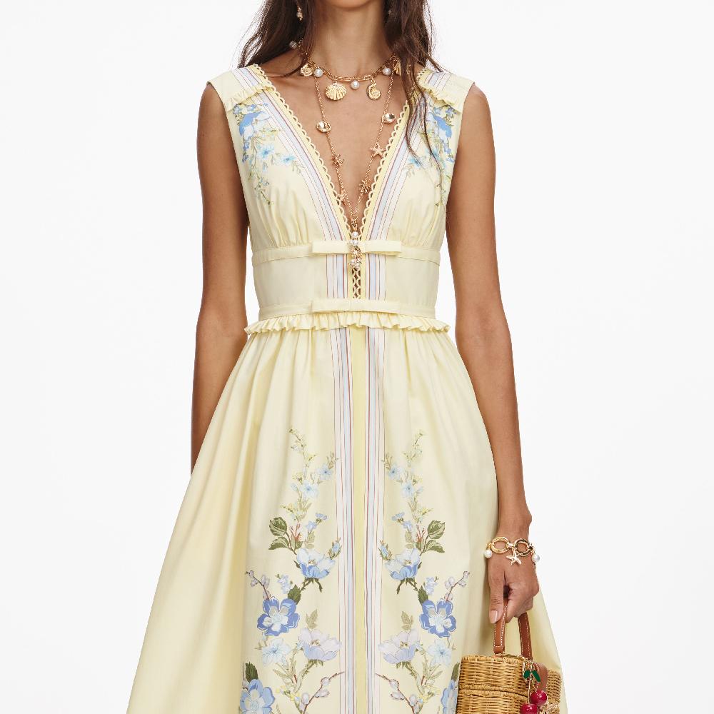 Self Portrait Yellow Floral Cotton Midi Dress CLOTHING