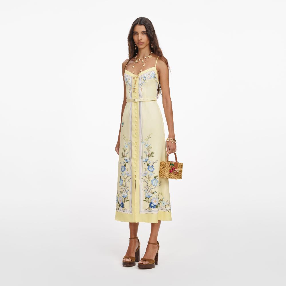 Self Portrait Yellow Floral Silk Midi Dress CLOTHING