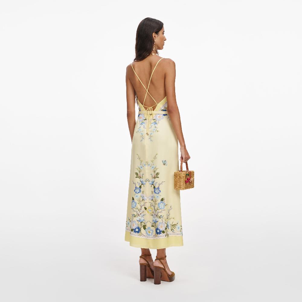 Self Portrait Yellow Floral Silk Midi Dress CLOTHING