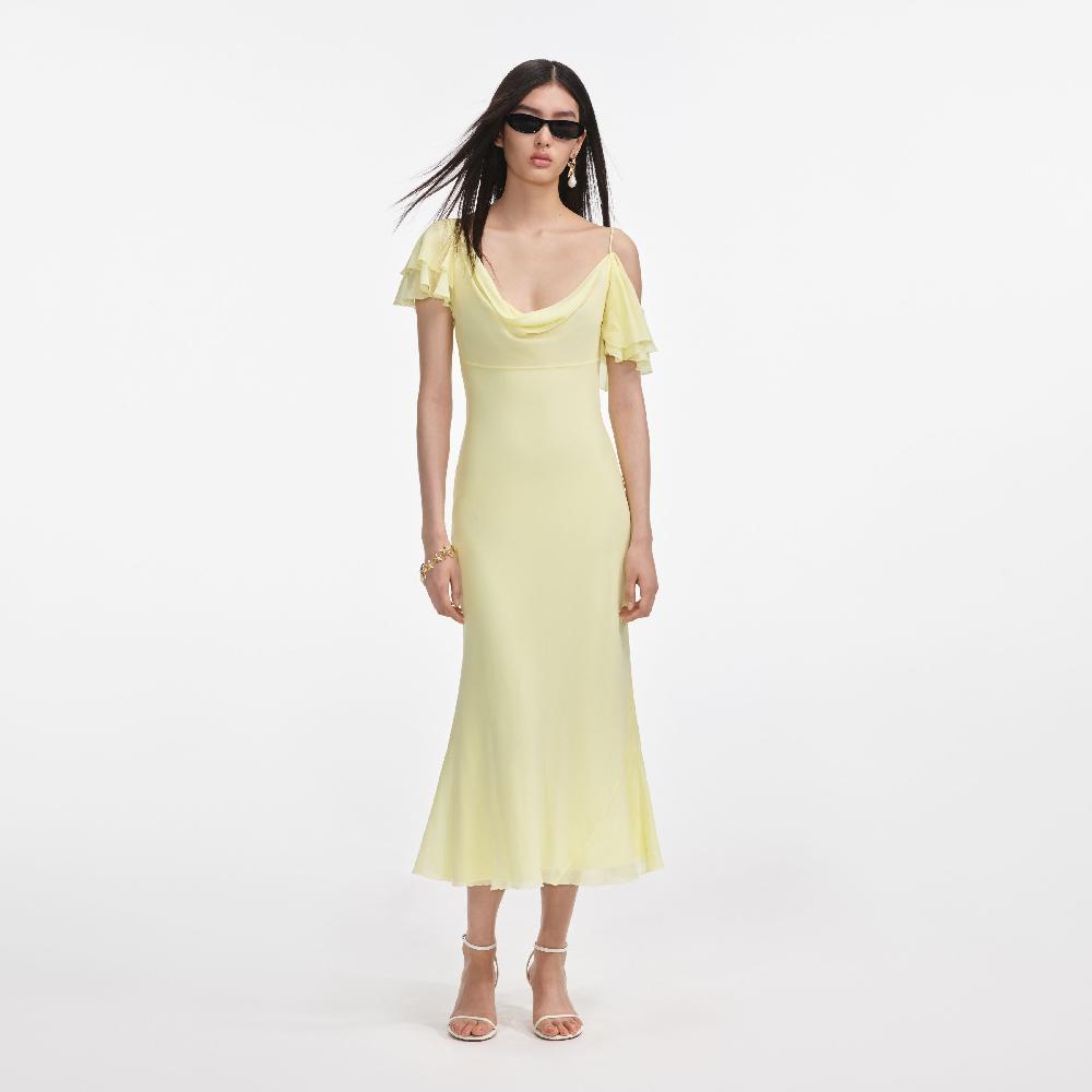 self portrait Yellow Georgette Frill Midi Dress CLOTHING