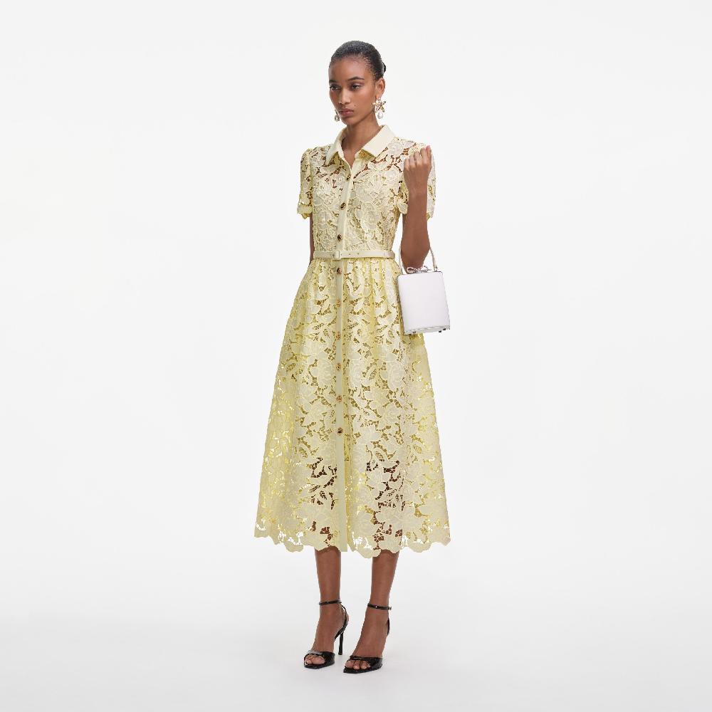 Self Portrait Yellow Lace Collared Midi Dress CLOTHING