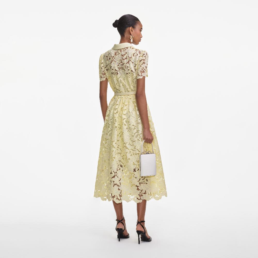 Self Portrait Yellow Lace Collared Midi Dress CLOTHING