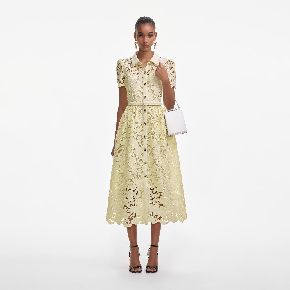 self portrait Yellow Lace Collared Midi Dress CLOTHING