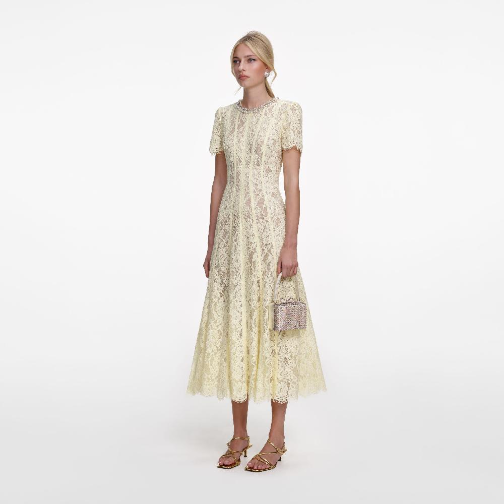 Self Portrait Yellow Lace Embellished Midi Dress CLOTHING