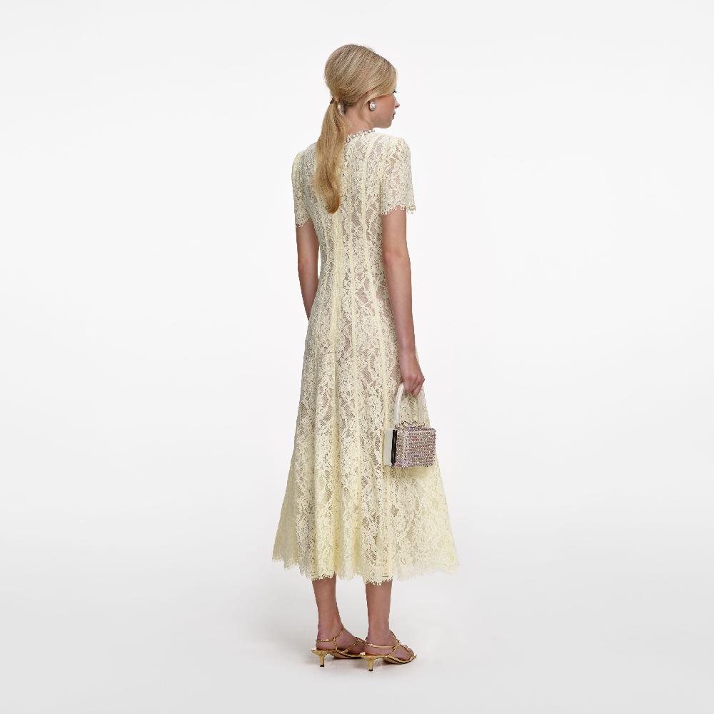 Self Portrait Yellow Lace Embellished Midi Dress CLOTHING