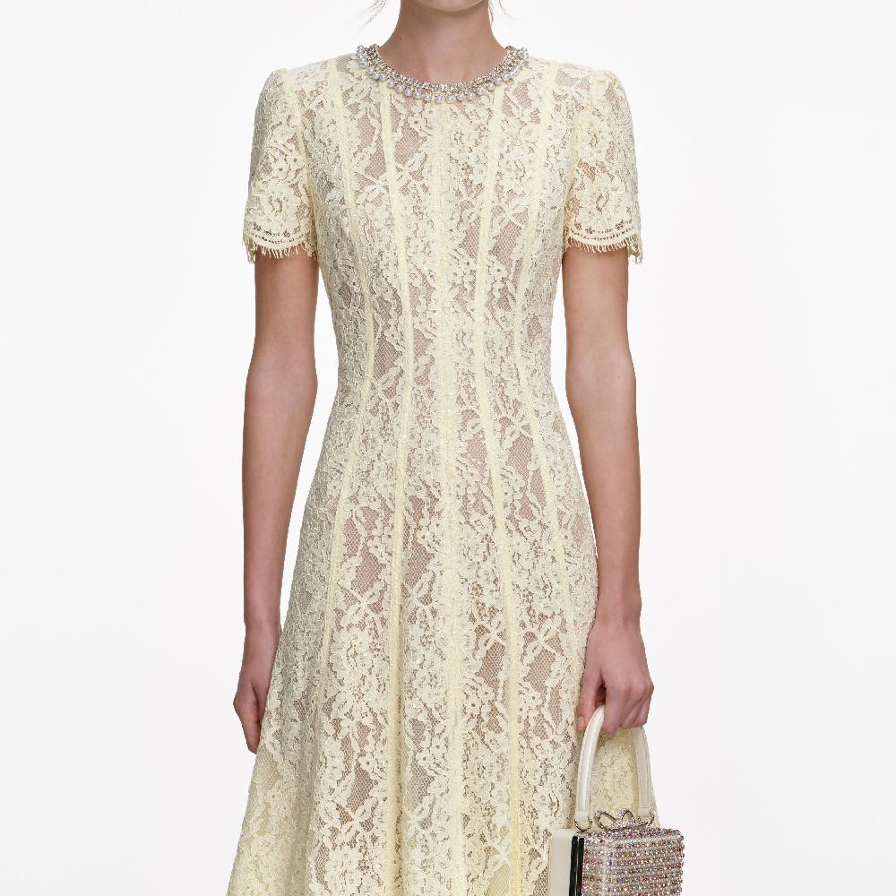 Self Portrait Yellow Lace Embellished Midi Dress CLOTHING
