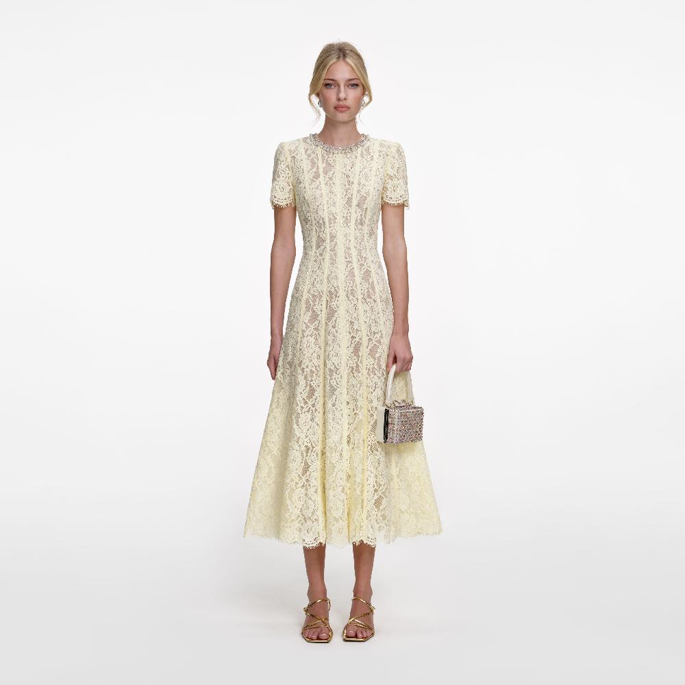 self portrait Yellow Lace Embellished Midi Dress CLOTHING