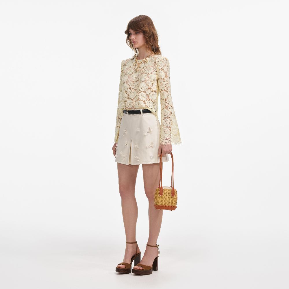 Self Portrait Yellow Lace Fluted Sleeve Top CLOTHING