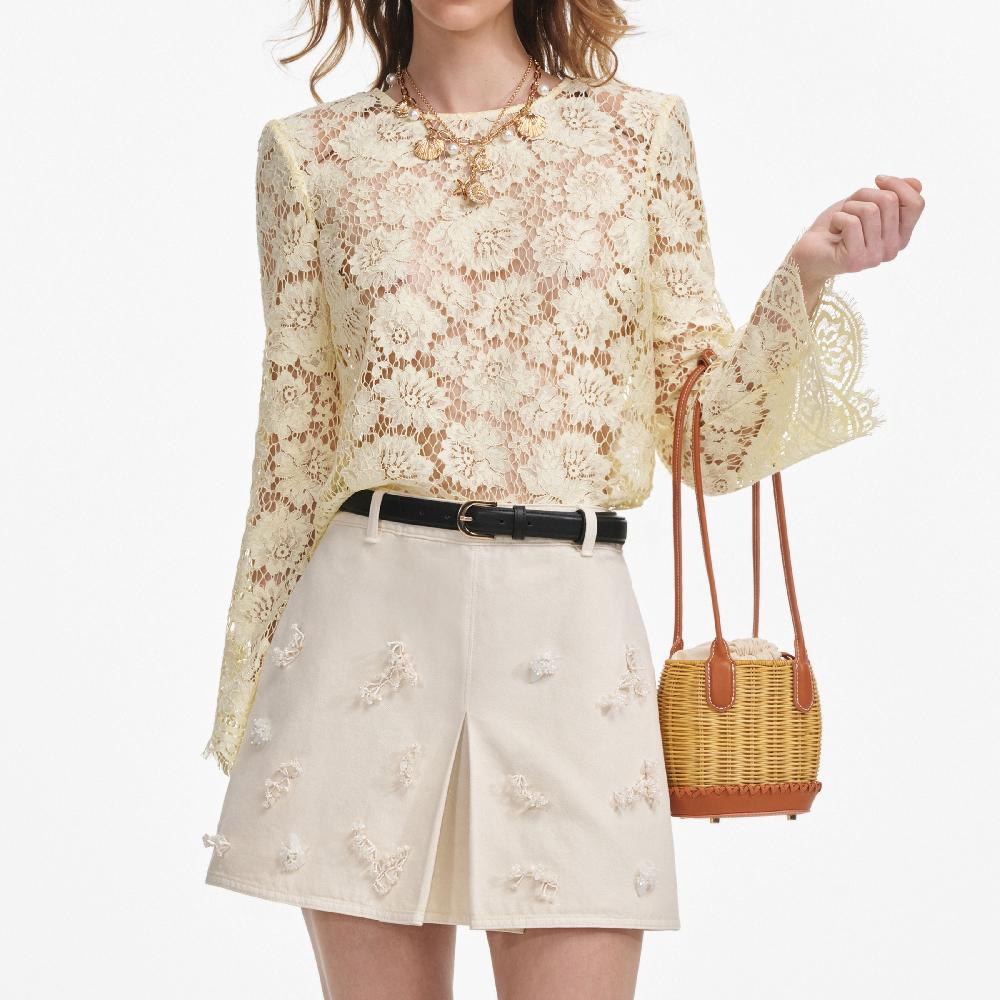 Self Portrait Yellow Lace Fluted Sleeve Top CLOTHING