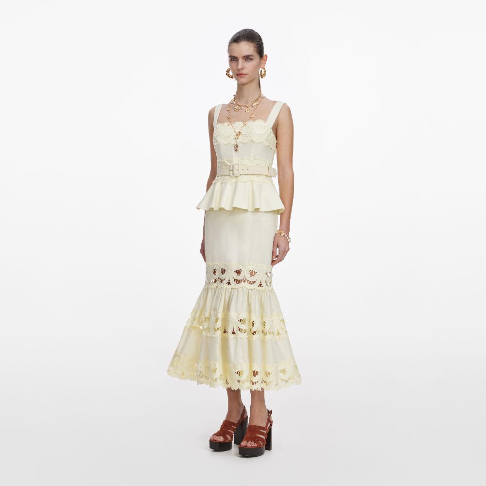Self Portrait Yellow Linen Peplum Midi Dress CLOTHING