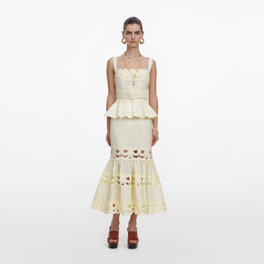 self portrait Yellow Linen Peplum Midi Dress CLOTHING