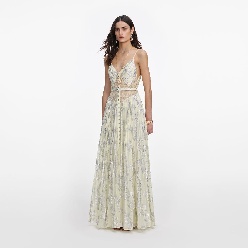 Self Portrait Yellow Metallic Chiffon Maxi Dress CLOTHING