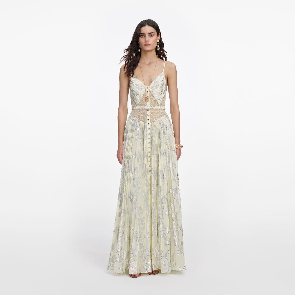 self portrait Yellow Metallic Chiffon Maxi Dress CLOTHING