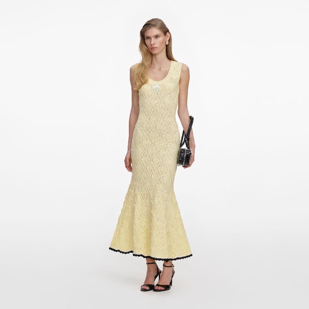 Self Portrait Yellow Pointelle Knit Midi Dress CLOTHING