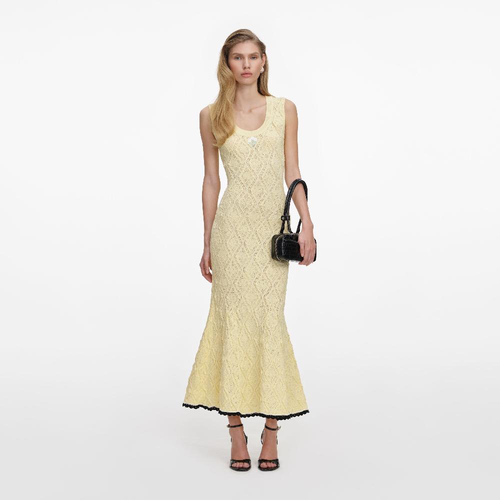 self portrait Yellow Pointelle Knit Midi Dress CLOTHING