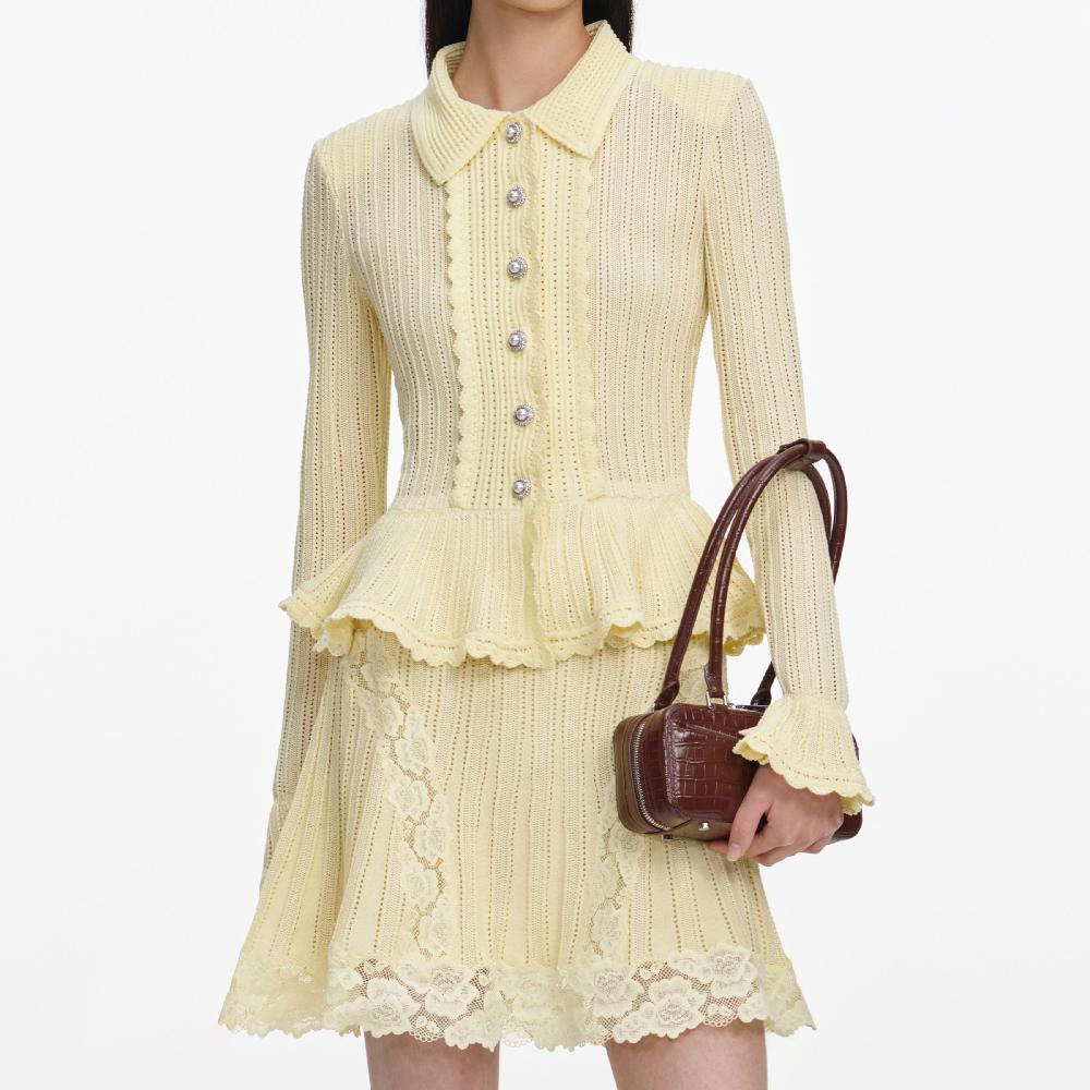 Self Portrait Yellow Pointelle Peplum Knit Mini Dress CLOTHING