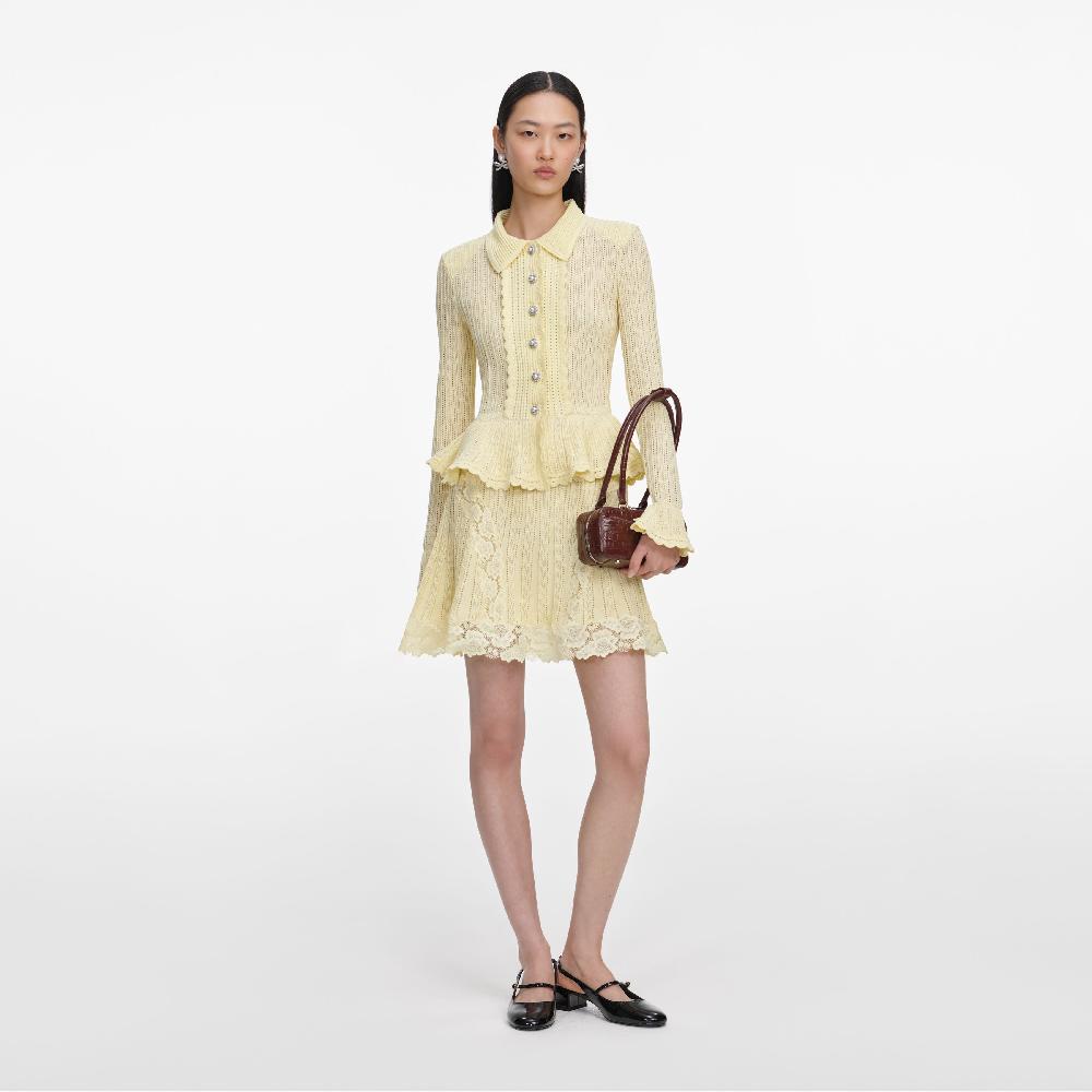 self portrait Yellow Pointelle Peplum Knit Mini Dress CLOTHING