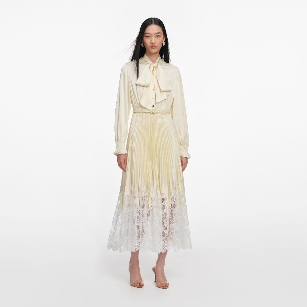 self portrait Yellow Satin Lace Midi Dress CLOTHING