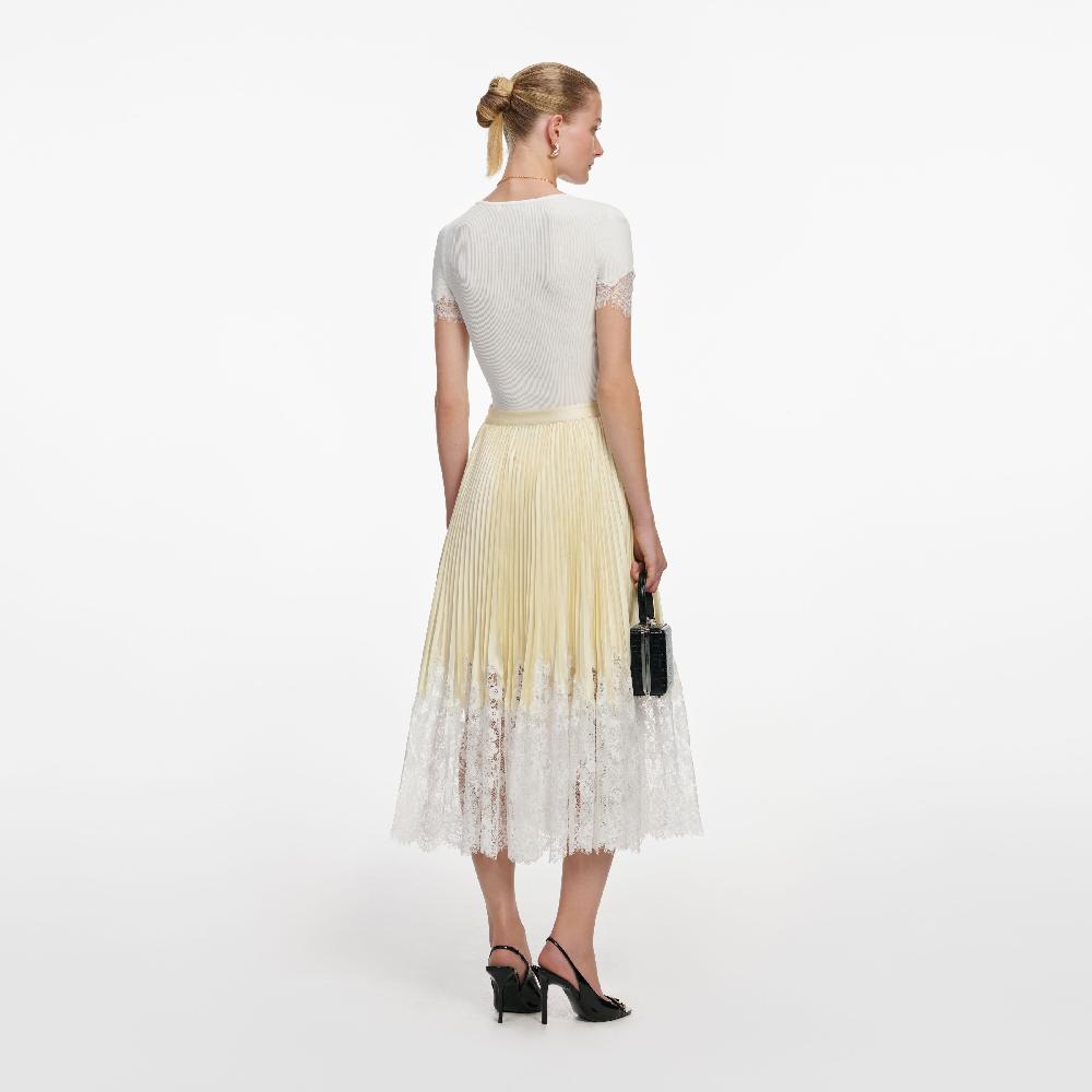 Self Portrait Yellow Satin Lace Midi Skirt CLOTHING