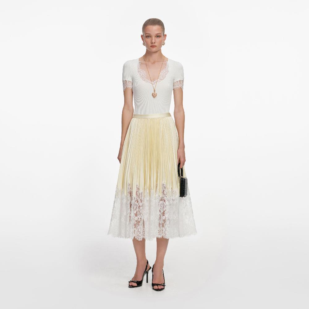 self portrait Yellow Satin Lace Midi Skirt CLOTHING