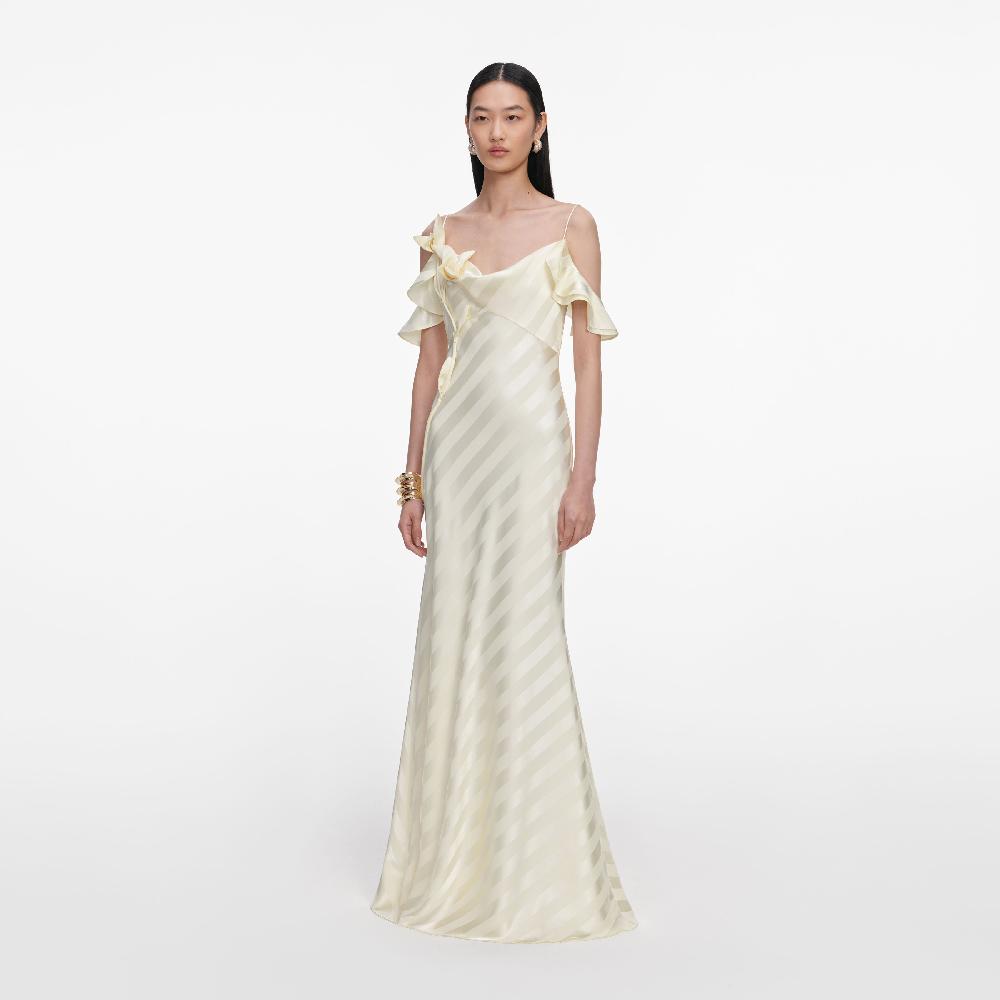 Self Portrait Yellow Satin Striped Maxi Dress CLOTHING