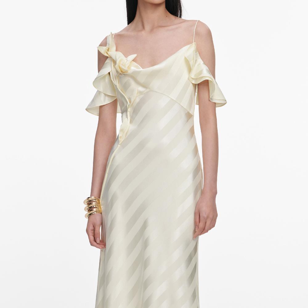 Self Portrait Yellow Satin Striped Maxi Dress CLOTHING