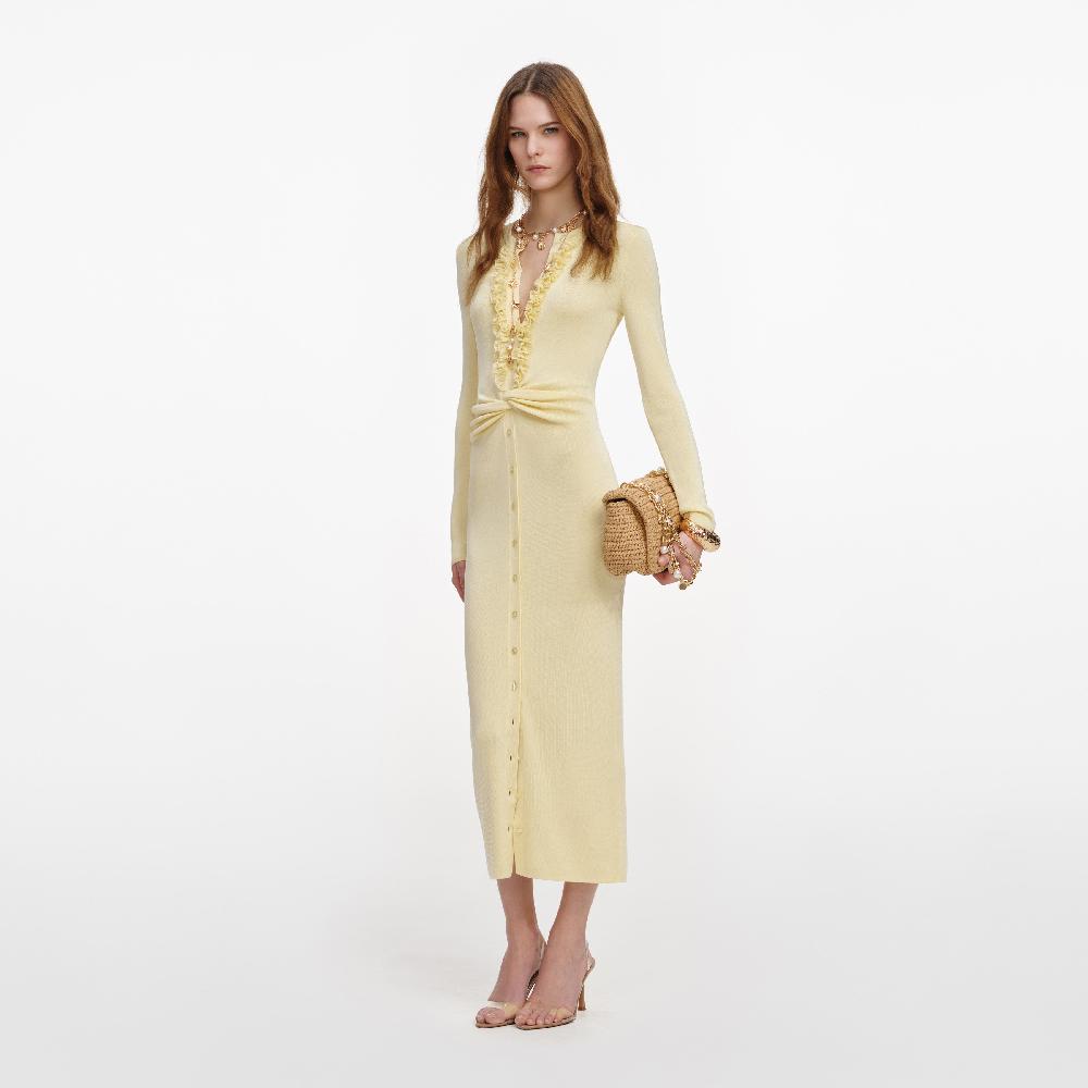 Self Portrait Yellow Viscose Knit Ruffle Midi Dress CLOTHING