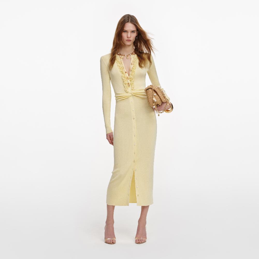 self portrait Yellow Viscose Knit Ruffle Midi Dress CLOTHING