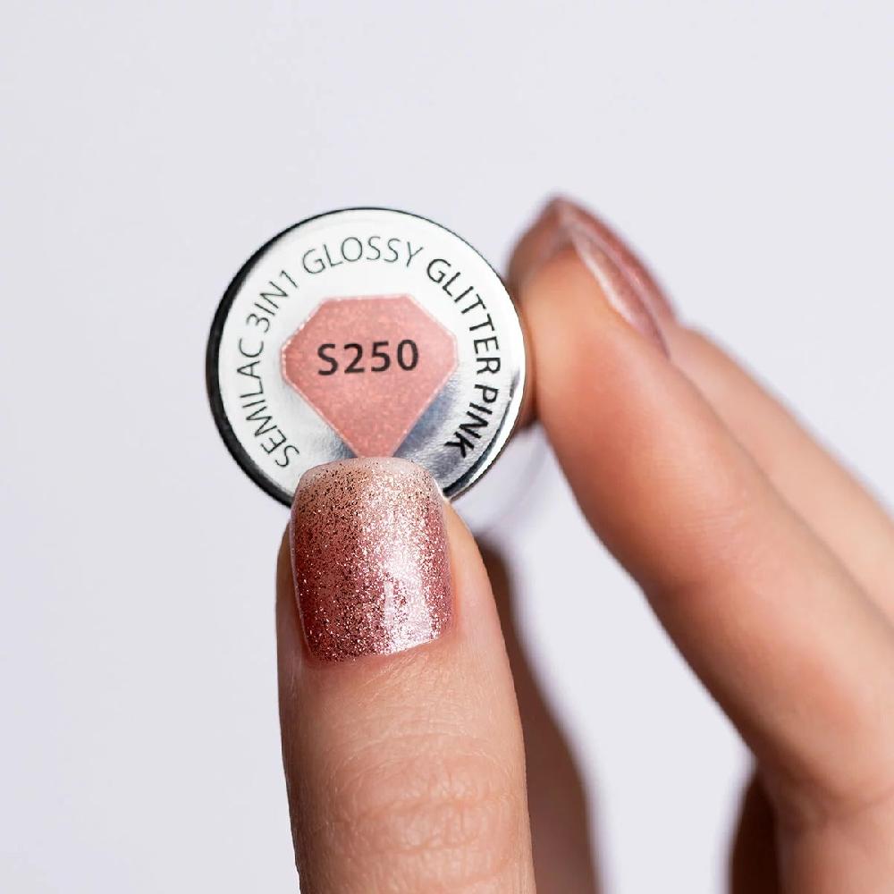 Semilac S250 Glitter Pink - Semilac STEP ONE Hybrid 3IN1 Gel / Hybrid Nail Polish ONE STEP
