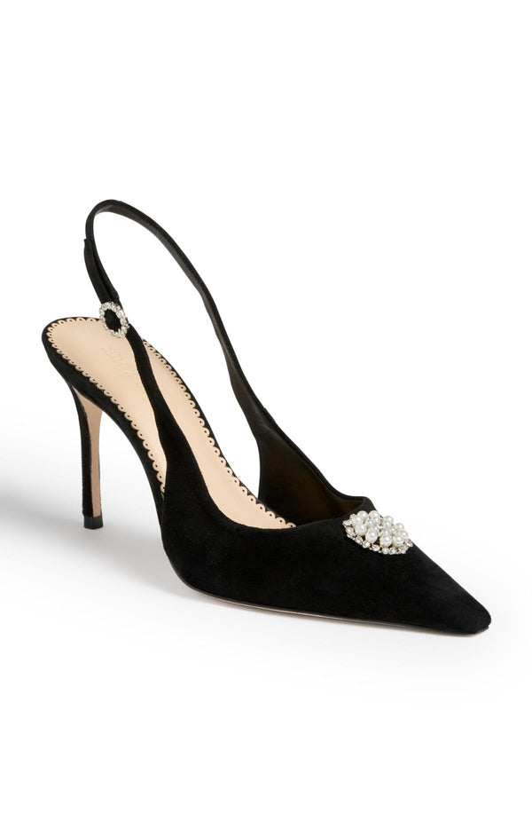 Sept Cinq Claire Crystal Brooch Suede Slingback Pump Heel