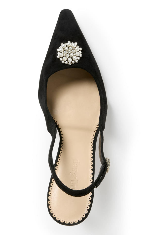 Sept Cinq Claire Crystal Brooch Suede Slingback Pump Heel