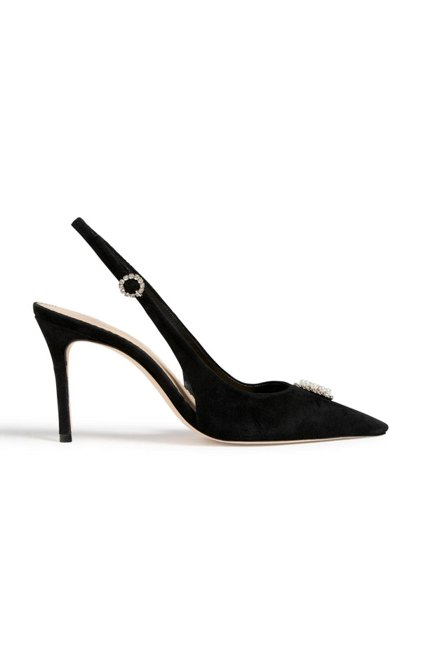 sept cinq Claire Crystal Brooch Suede Slingback Pump Heel