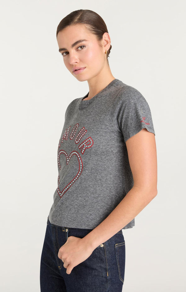 Sept Cinq Crystal Amour Heart Shrunken Tee Knit Top