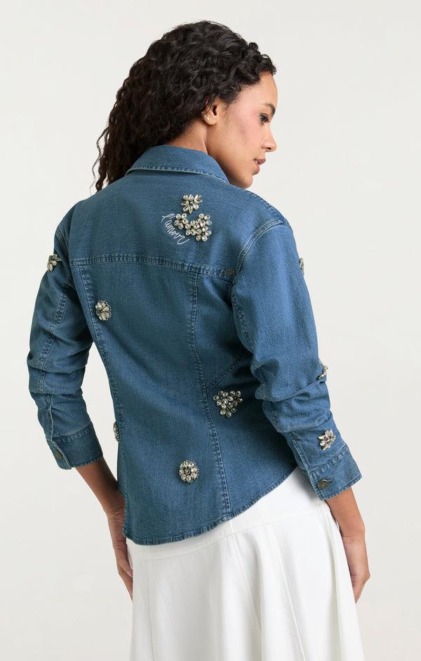Sept Cinq Crystal Ditsy Floral Scrunched Jean Jacket Jacket