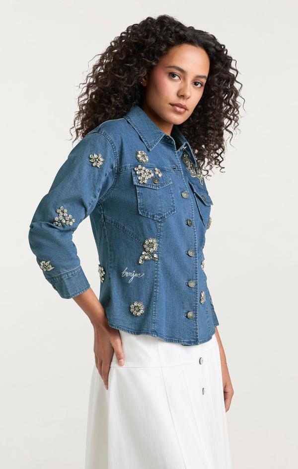 Sept Cinq Crystal Ditsy Floral Scrunched Jean Jacket Jacket