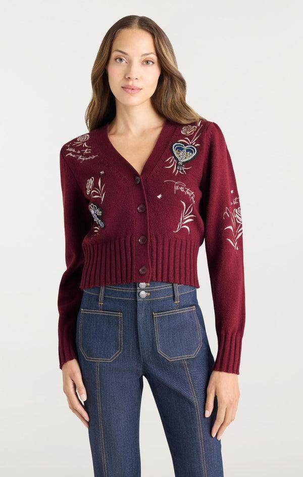 Sept Cinq Heritage Rose Patch Morgan Cardigan Sweater Knits