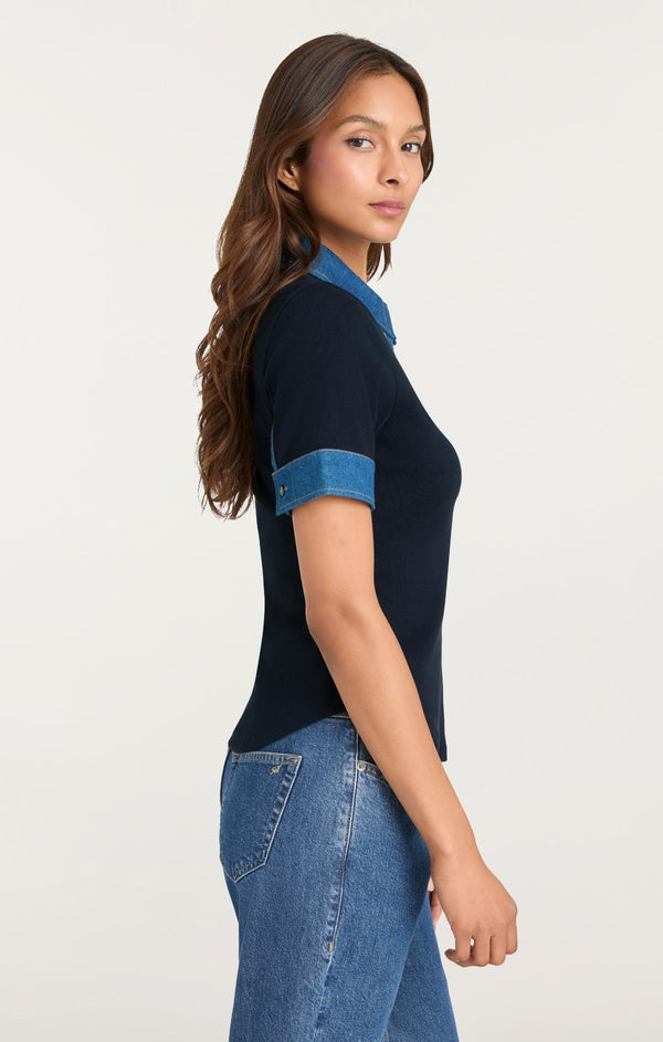 Sept Cinq Jean Combo Short Sleeve Jaden Top Knit Top