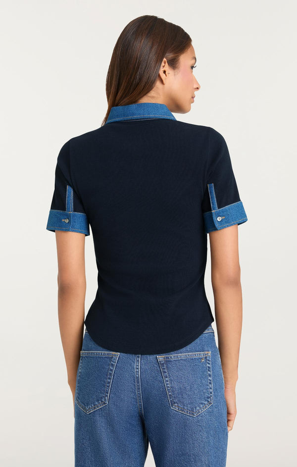 Sept Cinq Jean Combo Short Sleeve Jaden Top Knit Top