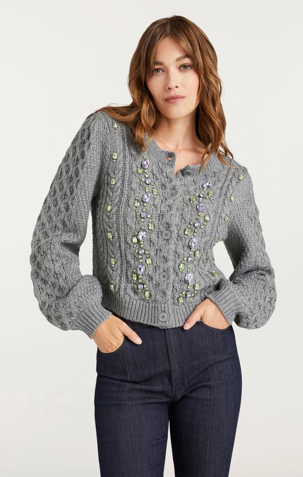 Sept Cinq Joelle Embellished Cable Cardigan Sweaters