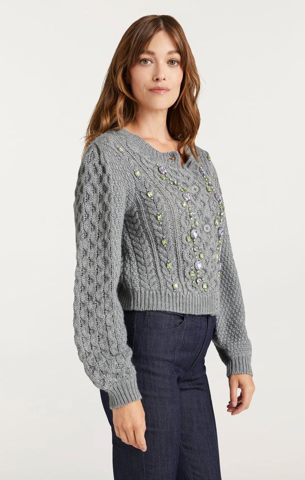Sept Cinq Joelle Embellished Cable Cardigan Sweaters