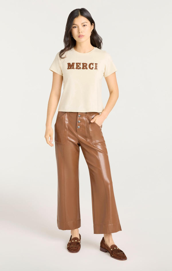 Sept Cinq Leather Applique Merci Shrunken Tee Knit Top