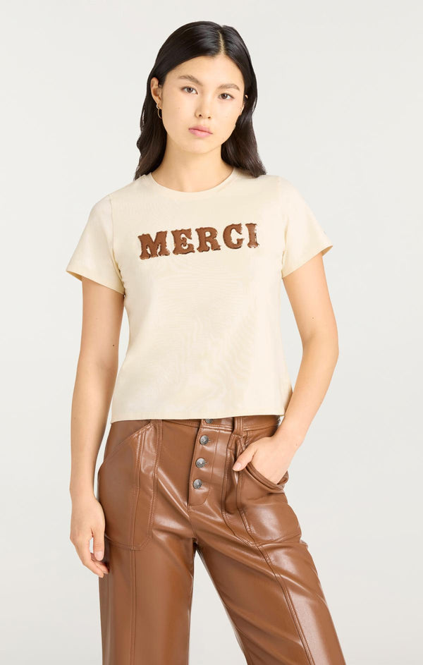Sept Cinq Leather Applique Merci Shrunken Tee Knit Top