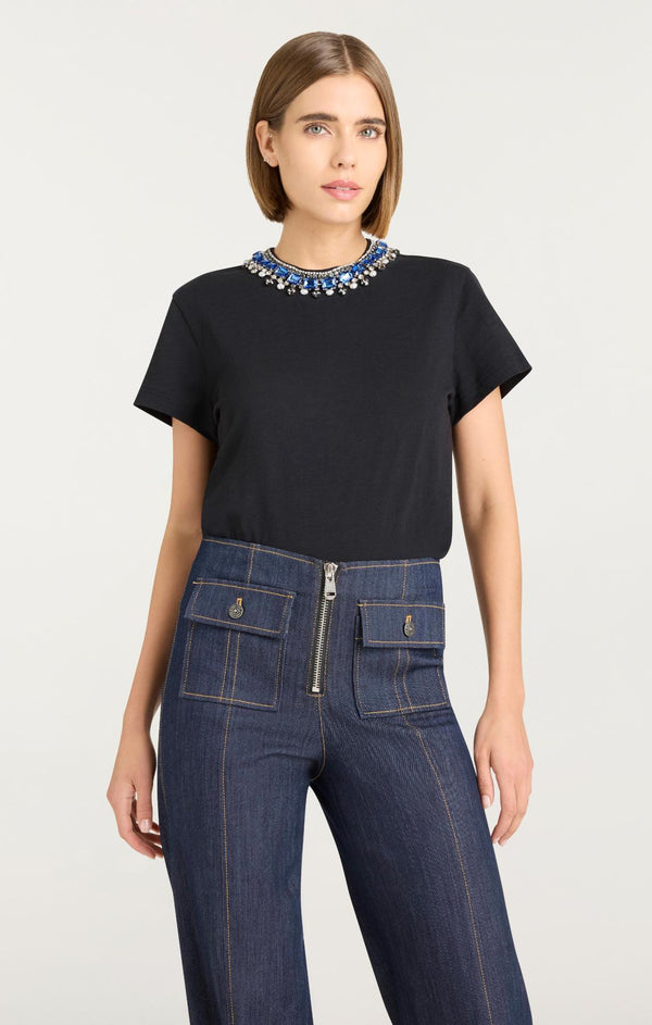 Sept Cinq Pearl Rhinestone Necklace Danielle Tee Knit Top