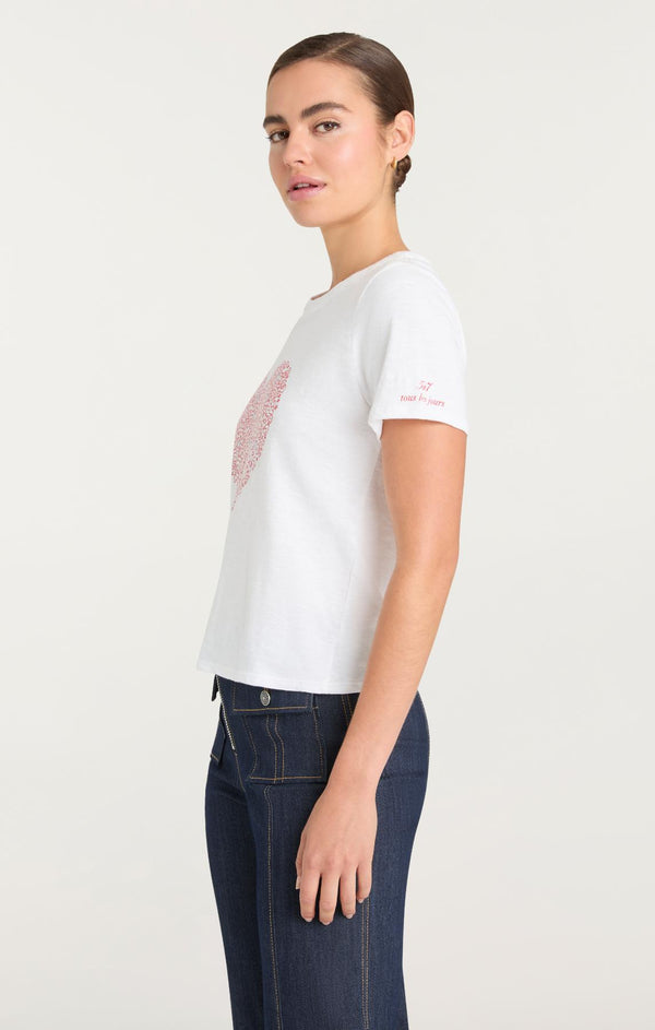 Sept Cinq Rhinestone Doodle Heart Shrunken Tee Knit Top